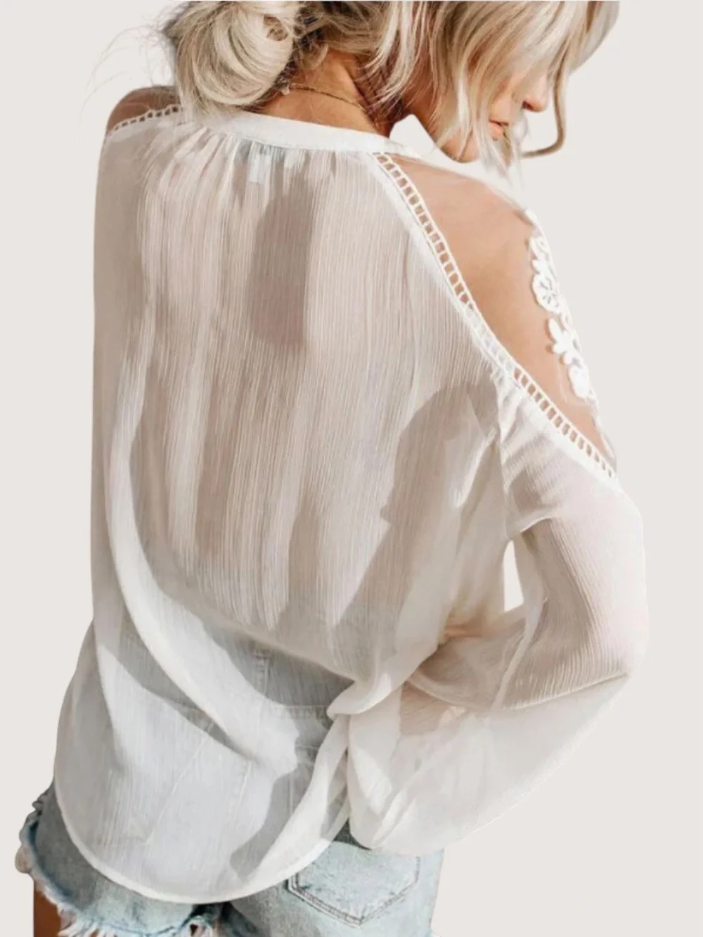 Hayden Los Angeles Sheer White Bohemian Lace Long Sleeve Peasant Blouse Top L - Picture 5 of 13